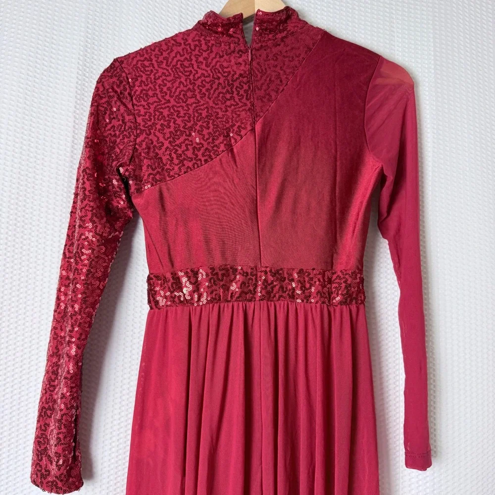 iEFiEL Lyrical Dance Dress Girls Small Red Sequin Asymmetrical Mesh NWT Flowy